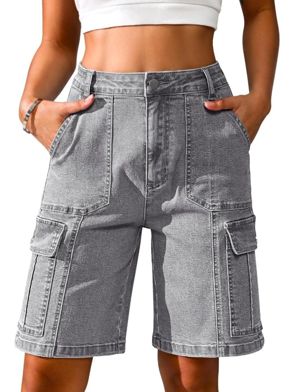 Casual High-Waisted Bermuda Cargo Shorts for Women - Stretchy Wide Leg, Knee